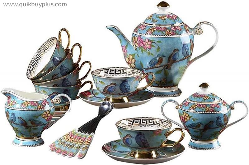 YQBUER Ceramics Coffee Cup Saucer Set with 21 Pieces Home Porcelain Tea Set with Teapot and Milk Jug Blue Cuckoo Bird Pattern Tea Cup and Saucer Set
