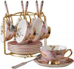 YQBUER Gold Trim Floral Pattern Afternoon Tea Drink Set Compatible Party and Dinner Coffee and Tea Set with 6 Piece Cups, Saucers and Spoons Set