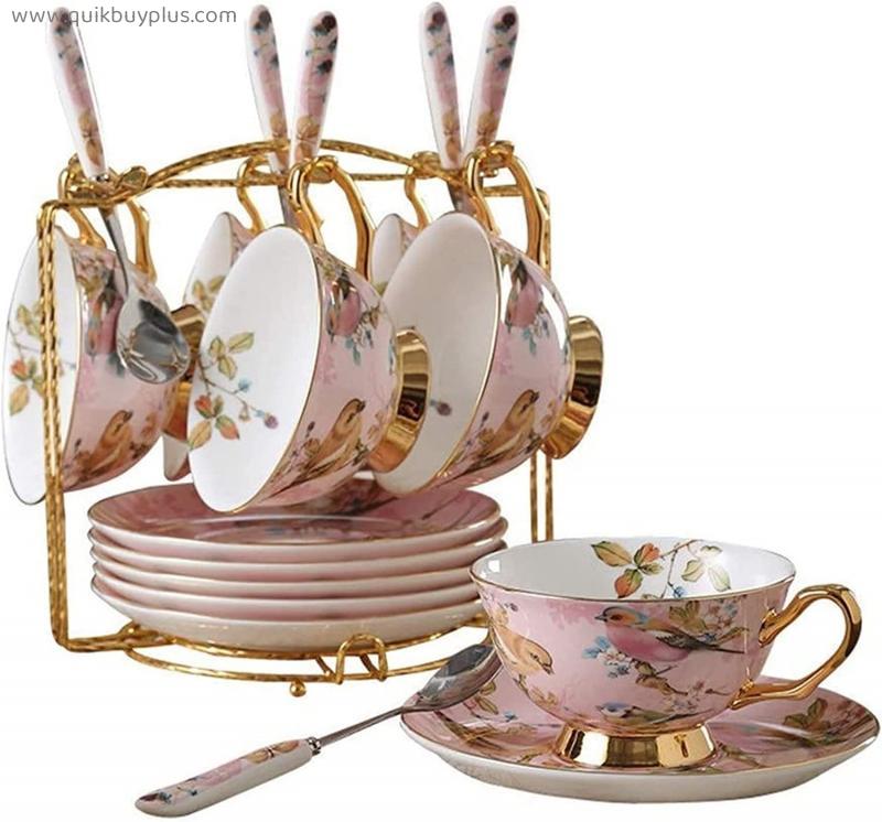 YQBUER Gold Trim Floral Pattern Afternoon Tea Drink Set Compatible Party and Dinner Coffee and Tea Set with 6 Piece Cups, Saucers and Spoons Set
