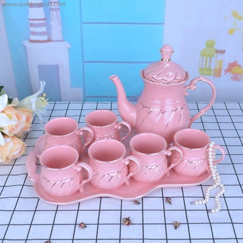 YQBUER Tea Set Gold Trim Glazed Porcelain Coffee and Tea Service with 6 Piece Cups and Tray 8 Pieces Afternoon Tea Drinkware Coffee Set Cup & Saucer Sets (Color : Pink)