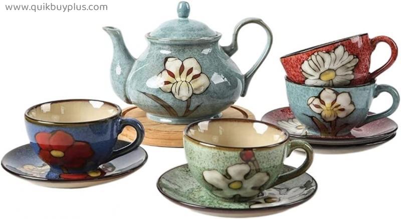 YQBUER Vceramics Coffee Cup Saucer Set with 4 Pieces Home Porcelain Tea Set with Teapot and Coffee Dish Vintage Hand Drawn Tea Cup and Saucer Set