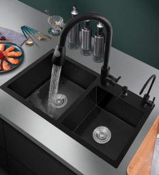 YWTT Kitchen Sink Black Stainless Steel, 68 X 38 X 21 Cm Double Bowl Nano Sink Set, Top Mounted & Flush Mounted With Overflow And Drainage Fittings