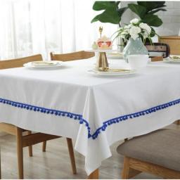 Yaapeet Simple White Table Cloth Blue With tassels Ball Cotton Tablecloths Christmas Day Decorative Table Cover Custom Size