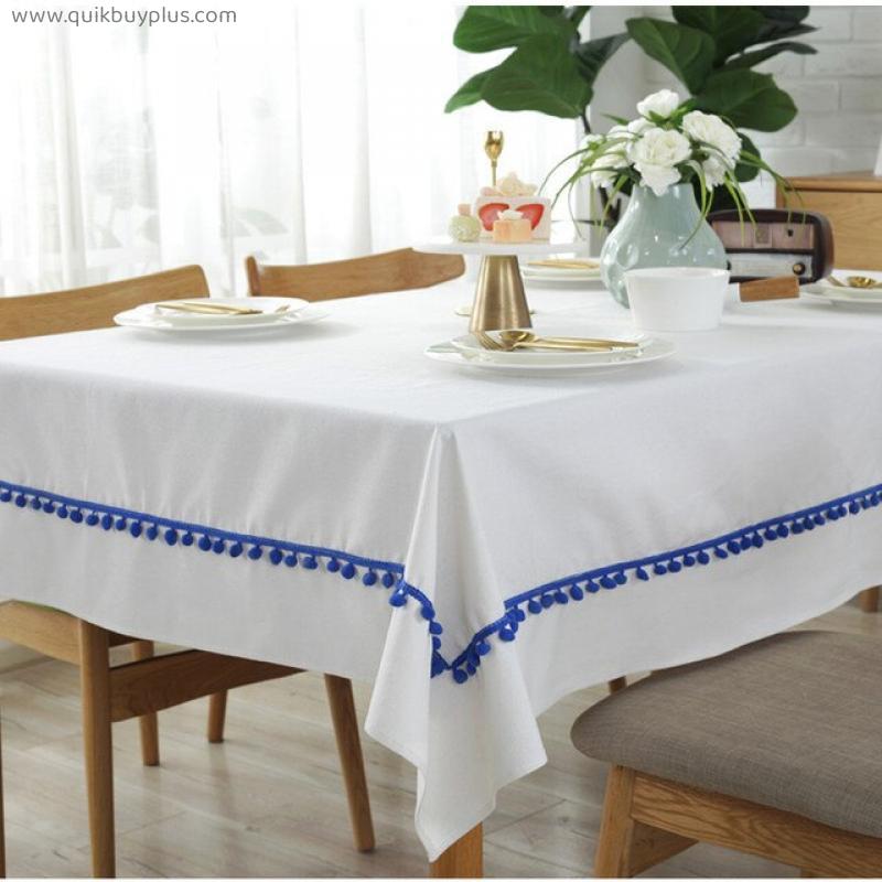 Yaapeet Simple White Table Cloth Blue With tassels Ball Cotton Tablecloths Christmas Day Decorative Table Cover Custom Size