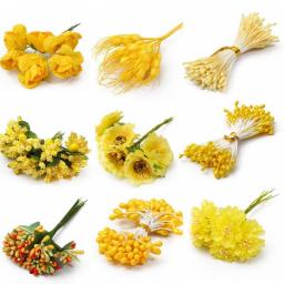 Yellow Artificial Flowers Fruit Cherry Stamen Berries Bundle DIY Cake Christmas Wedding Party Gift Box Wreaths Home Decoration