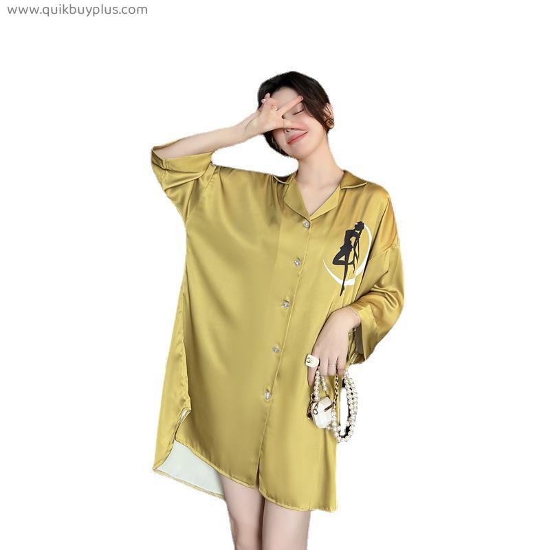 Yellow thin home ice silk pajamas women's summer three-quarter sleeve printed nightdress home service shirt skirt