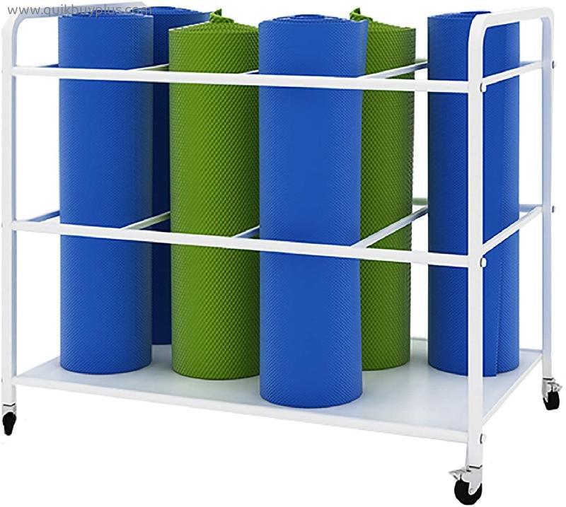 Yoga Mat Holder Basket - Hold 9 Mats, Metal Yoga Mat Storage Cart with Wheels, Yoga Mat Rack Organizer Stand for Home/Yoga Room (Color : White)
