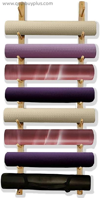 Yoga Mat Rack Wall Mount Wood, 9 Tier Foam Roller and Towel Rack for Home/Fitness Room, Large Capacity Yoga Mat Holder Stand, Small Space