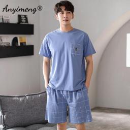 Young Men Pajamas For Summer Soft Breathable Cotton Home Clothing Sets Pullover Plaid Bottoms Casual Youth Teenagers Lounge Wear