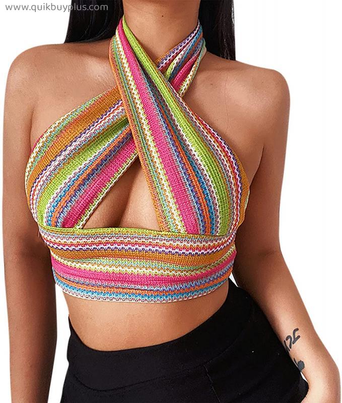 ZGMYC Women's Sexy Cross Wrap Halter Crop Top Knit Colorful Striped Backless Tank Tops Camisole for Party Clubwear