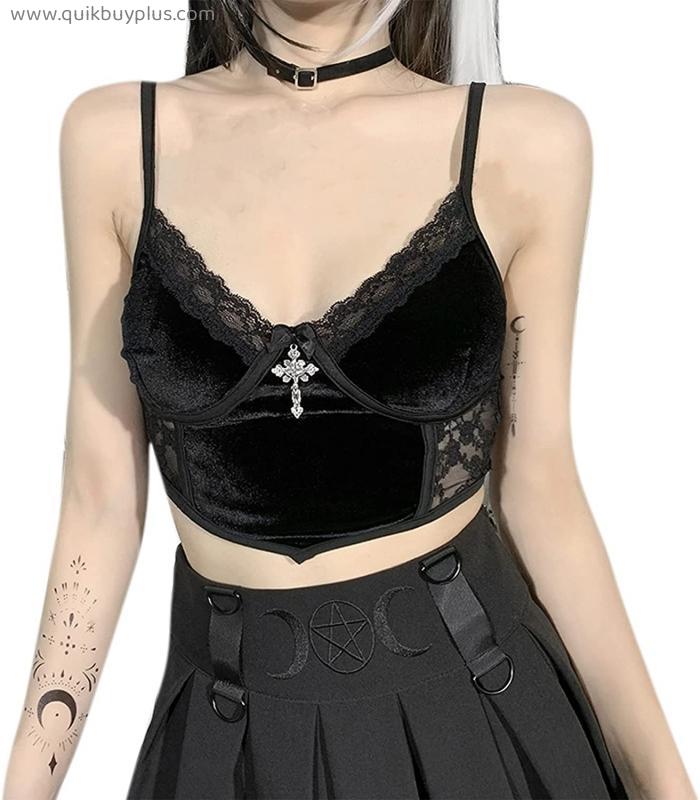 ZGMYC Women Gothic Punk Velvet Crop Top Sexy V Neck Sheer Lace Spaghetti Strap Tank Top Camisole for Rave Festival Halloween