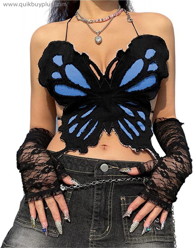 ZGMYC Women Knit Butterfly Crop Top Sexy V Neck Halter Tank Top Backless Lace Up Camisole for Rave Party Festival