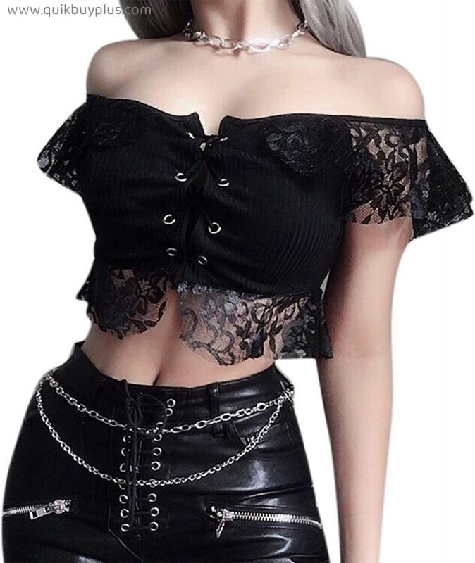 ZGMYC Women Sexy Lace Off Shoulder Crop Top Gothic Eyelet Hollow Out T Shirt Blouse Punk Halloween Costume