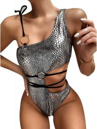 ZGMYC Women Snakeskin Print One Piece Swimsuit Sexy Cut Out One Shoulder Bathing Suit Lace Up Bodysuit (Silver, Small)