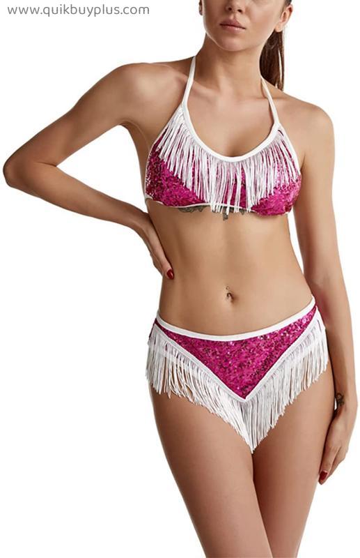 ZGMYC Women Sparkle Sequin Tassel Bikini Set Sexy Halter String Swimsuit 2 Piece Outfit for Rave Party Clubwear