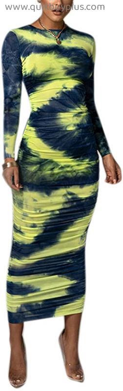 ZGMYC Women Tie Dye Sexy Bodycon Maxi Dress Long Sleeve Ruched Midi Club Pencil Dress