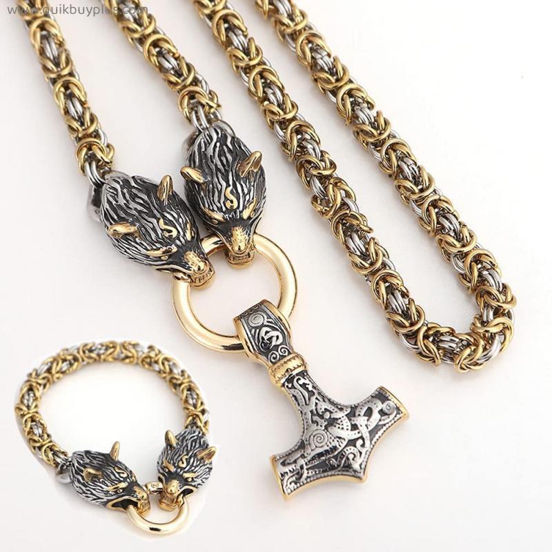 ZIRUIGONG Nhlzj Gold 2Pcs Viking Thor's Hammer Men's Necklace Bracelet Set, Stainless Steel Wolf King Chain Necklace, Celtic Pagan Mjolnir Amulet (Color : N70cm, Size : B19cm) N70cm B19cm