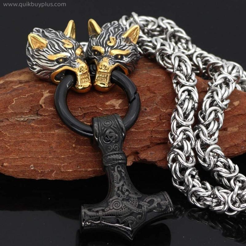 ZIRUIGONG Nhlzj Stainless Steel Viking Wolf Head Thor's Hammer Pendant Necklace Polished Jewelry Amulet Retro Gift Nordic Heavy Chain Amulet Jewelry Mjolnir (Color : Gold, Size : 50cm) Gold 50cm