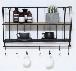 ZTGL Wall Mounted Shelf with Hooks and Baskets, Entryway Organizer Solid Wooden Shelf for Hang Coats, Towels, Hats, Keys or Coffee Mugs,B