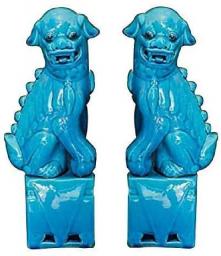 aasdf A Pair of Beijing Fu Foo Dogs Chinese Feng Shui Ceramic Lion Statues, Blue Prosperity Town House Evil Spirit Decoration, Sculpture for Home and Office