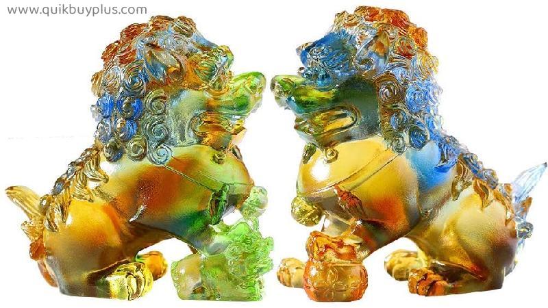 aasdf Fu Foo Dogs Guardian Lion Statues And Figurines, Feng Shui Wealth Prosperity Pair of Sculpture Ornament, Ancient Coloured Glaze, Ward Off Evil Energy Decoration,A