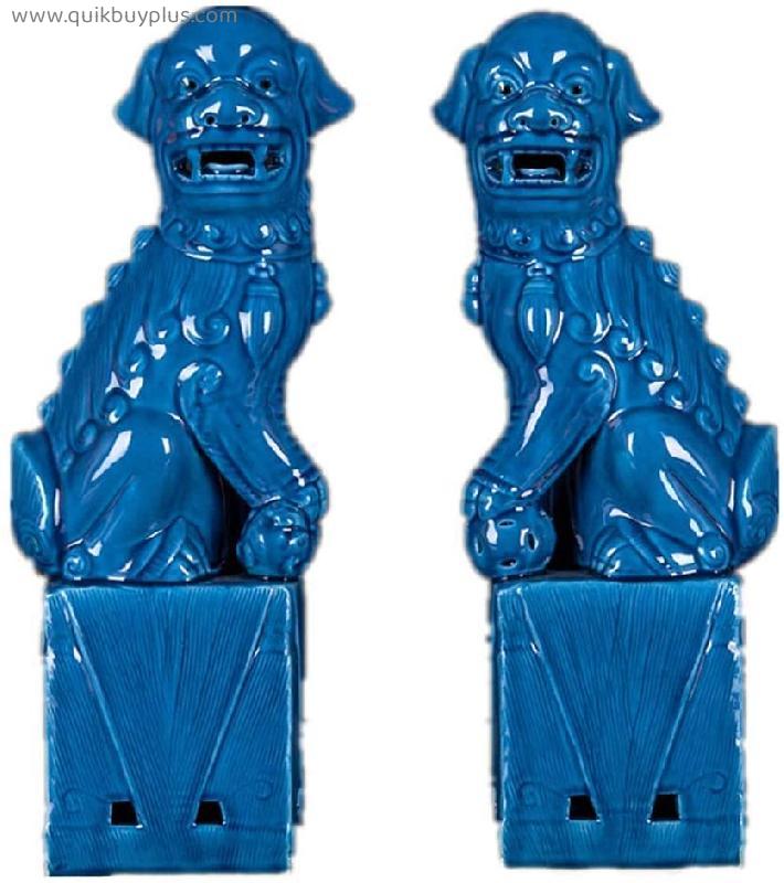 aasdf Peking Lions Couple Fu Foo Dog Statues (One Pair), Blue Ceramic Chinese Feng Shui Decoration Prosperity Accessories, Sculpture for Home and Office