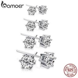 bamoer 925 Sterling Silver CZ Stud Earrings Platinum Plated Six Prong Round Cubic Zirconia Hypoallergenic Earrings for Women