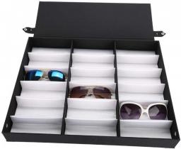 lyrlody- Jewelry Boxes, 18 Grids Sunglasses Storage Boxes Organizer Glasses Jewelry Display Case Glasses Display Case with Folding Holder Glasses Tray Jewelry Watches Black/White, 18.7x14.