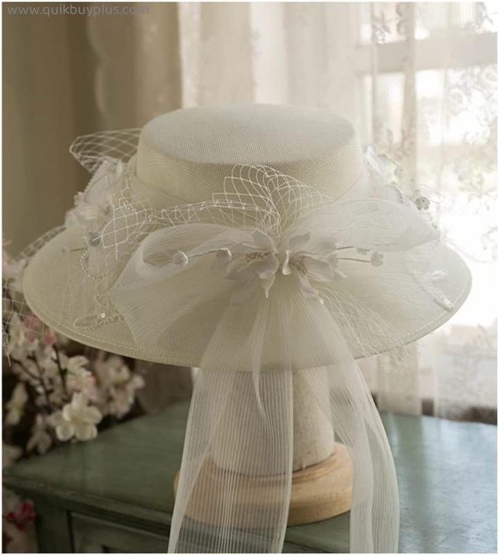 n/a Elegant Bridal Fascinators Hat Party Wedding Hat Wide Brim Fedora Kentucky Derby Church Photo Headwear Hat (Color : White, Size : One Size)