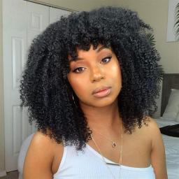 oLUes Afro Kinky Curly Wig with Bangs Human Hair Wig None Lace Wig Indian Remy Scalp Top Wig 180% Density Glueless Full Machine Made Wig (Color : 1.8, Size : 24)